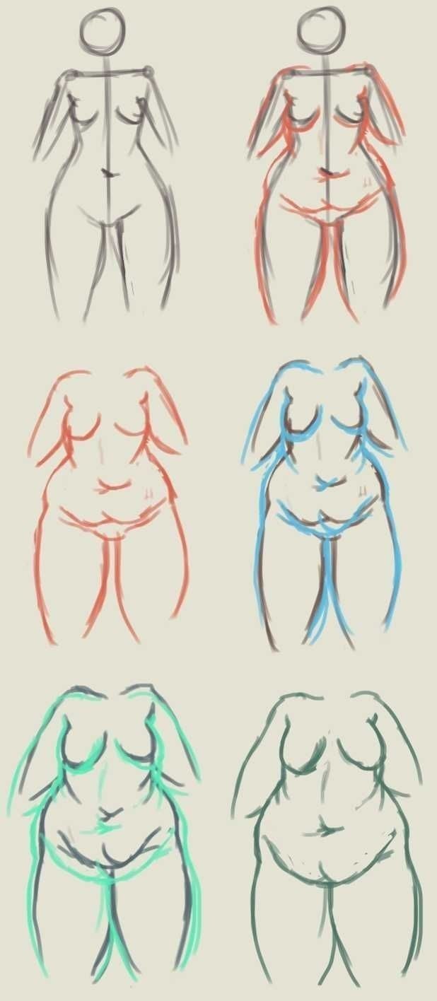 four different colored drawings of women's butts