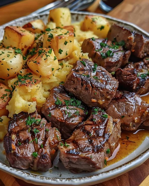 steak, potatoes and parsley on a plate