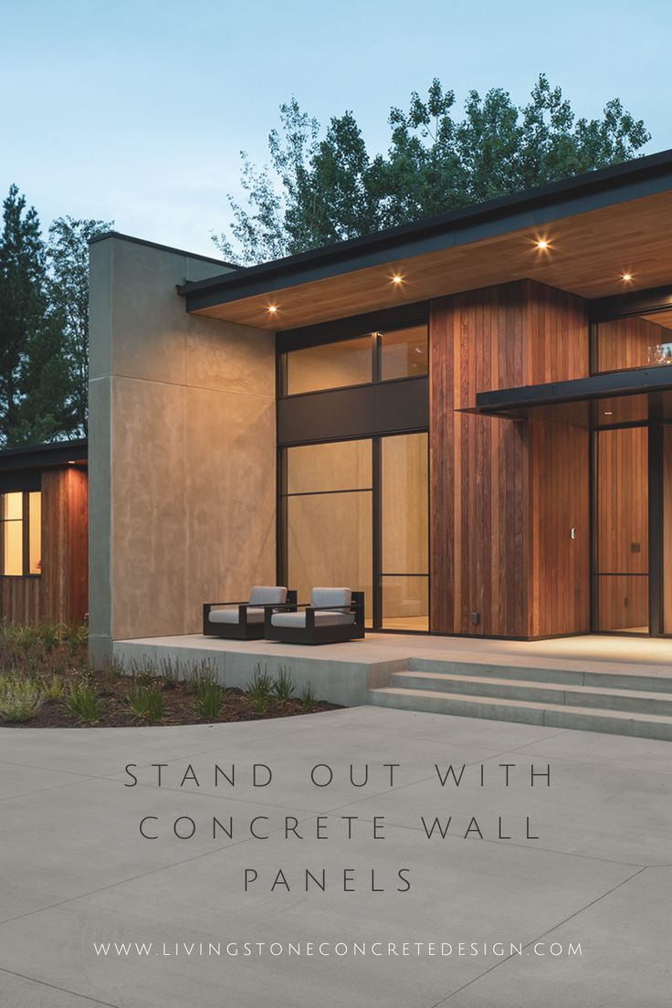 Concrete cladding on a modern home under a cotton candy sky. Concrete wall cladding provided by Living Stone Concrete Design. The text on the page reads "Stand out with concrete wall panels" Concrete Cladding Exterior, Cement Fence Ideas Concrete Walls, Concrete Fence Wall Modern, Concrete Wall Exterior, Cement House Design, Concrete Panel Facade, Concrete Fence Wall, Concrete Cladding, Cement House