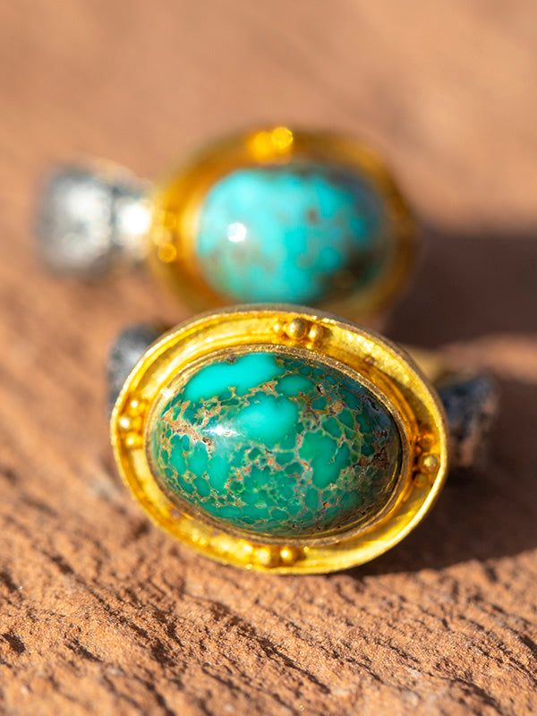 We've teamed up Our Egyptian style ring, from Jenson Studios. Gem quality turquoise, the most amazing cocktail ring, and a perfect accent to our bride rings. Beautifully accented with 22k gold and Jensen's signature distressed silver technique. Comfort fit rings with beautifully lined gold bands. Starting at $1598 prices vary on size of stone and quality ie: Bisby, Rare or larger stones will cost more. Please contact for availabilty Yellow Gold Turquoise Ring With Polished Finish, Sunburst Squash, Luxury Southwestern Polished Turquoise Ring, Classic Yellow Gold Turquoise Cabochon Ring, Formal Gold Turquoise Ring, Fine Jewelry, Luxury Gold Cabochon Turquoise Ring, Wedding Cuff, West Wedding, American Turquoise