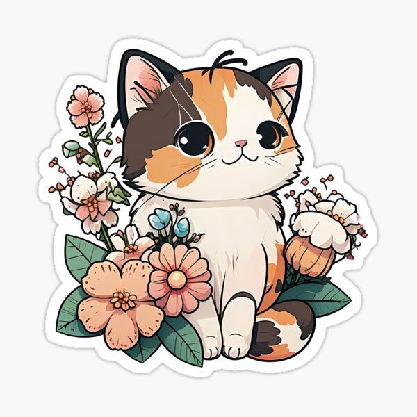 a cat with flowers and leaves sticker