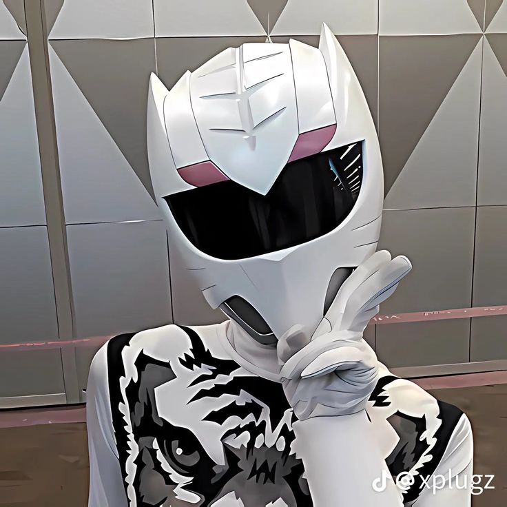 a white and black robot is standing in front of a wall with geometric designs on it