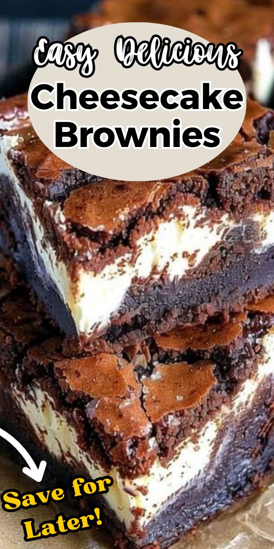 three brownies stacked on top of each other with the words easy yellow cheesecake brownies above them