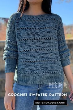 a woman wearing a crochet sweater with text overlay that reads free crochet sweater pattern