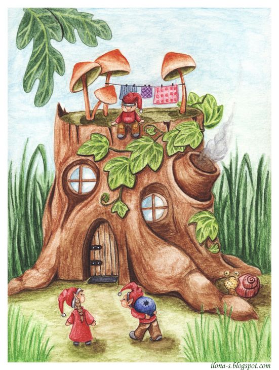 a drawing of a tree house with mushrooms and people in the yard, surrounded by grass