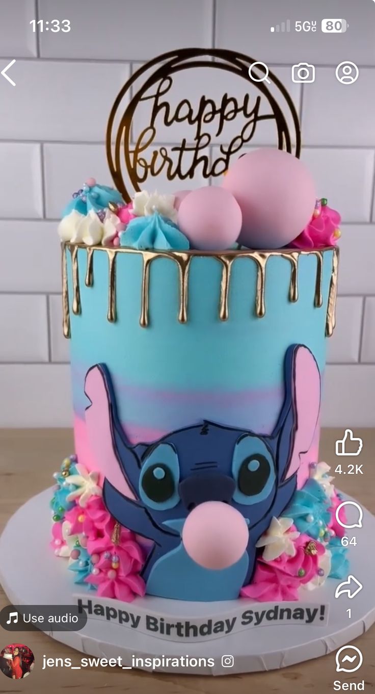 a birthday cake decorated with an image of stitcher