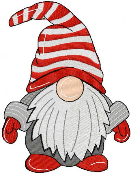 a red and white striped gnome wearing a hat