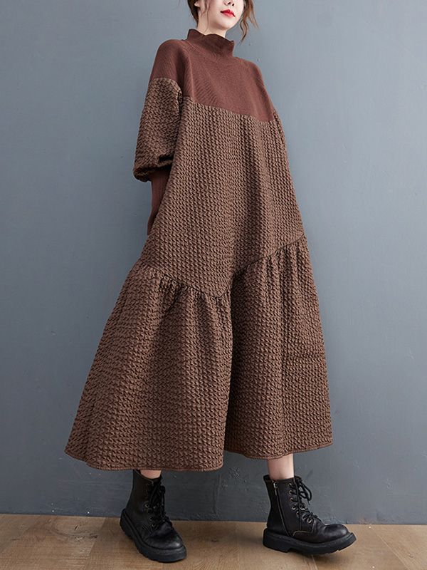 Casual Long Sleeves Loose Split-Joint Jacquard High-Neck Sweater Dresses BROWN-XL High Neck Sweater Dress, Dress Layering, Cotton Knitting, Sweater Dress Casual, Office Dresses For Women, High Neck Designs, Mid Calf Dresses, Sweater Dresses, High Neck Sweater