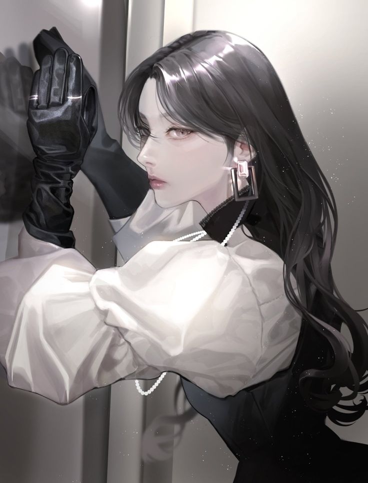 a woman with long black hair wearing gloves