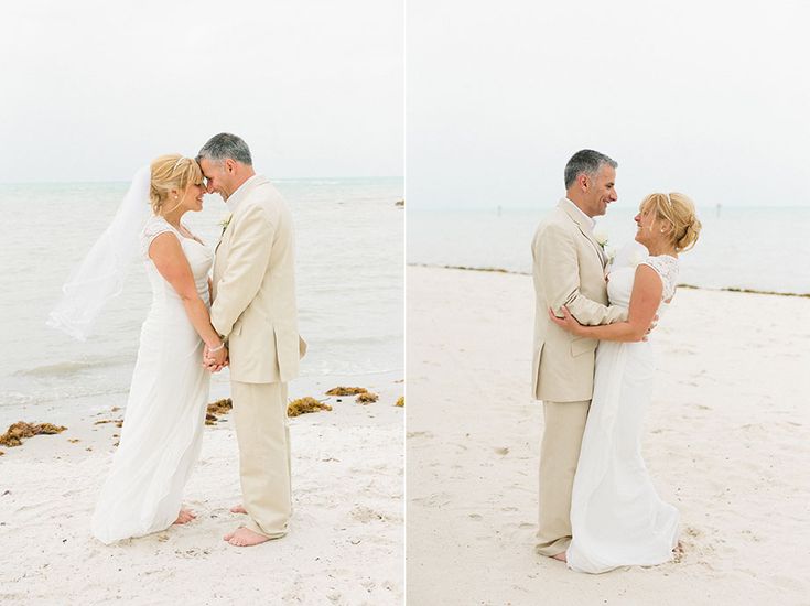 a bride and groom standing on the beach