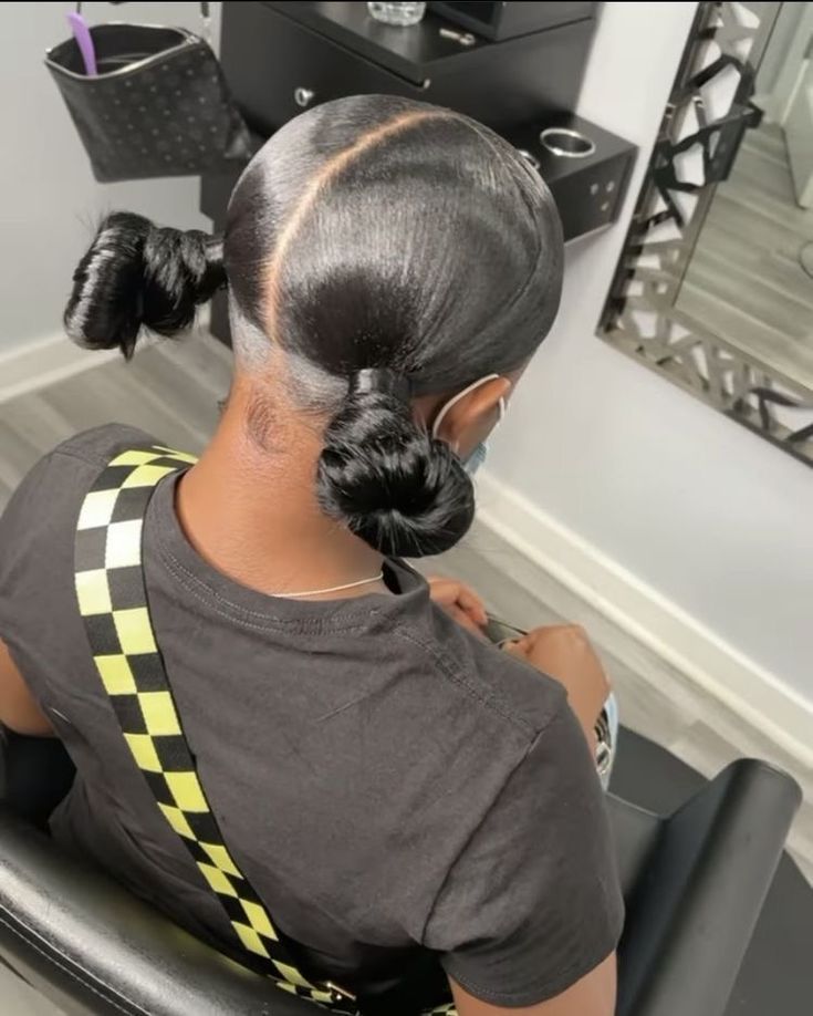 A Swoop With Two Buns, 2 Low Knot Buns, Knot Bun With Swoop, Bhaddie Hairstyle, Cute Ponytail Hairstyles, Skunk Stripe, Top Knot Bun, Natural Hair Bun Styles, Sleek Ponytail Hairstyles