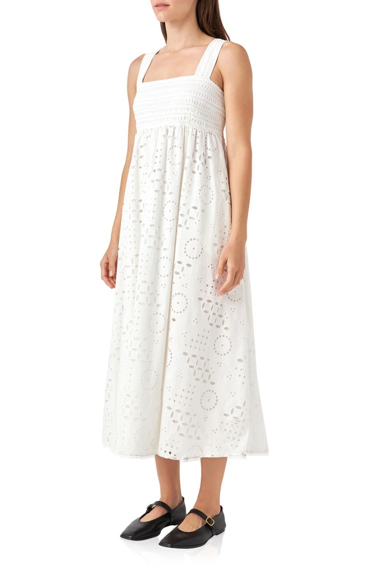 This all-cotton dress features delicate broderie anglaise for a sunshine-ready look while side pockets provide storage for your essentials. Square neck Sleeveless Side-seam pockets Cotton lining 100% cotton Hand wash, dry flat Imported Beach Cotton Midi Dress With Broderie Anglaise, White Cotton Maxi Dress With Broderie Anglaise, Cotton Midi Dress With Broderie Anglaise For Day Out, Sleeveless Cotton Eyelet Dresses, Cotton Eyelet Dress For The Beach, Beach Cotton Eyelet Dress, Sleeveless Broderie Anglaise Midi Dress For Daywear, Sleeveless Midi Dress With Broderie Anglaise For Vacation, White Broderie Anglaise Sleeveless Maxi Dress