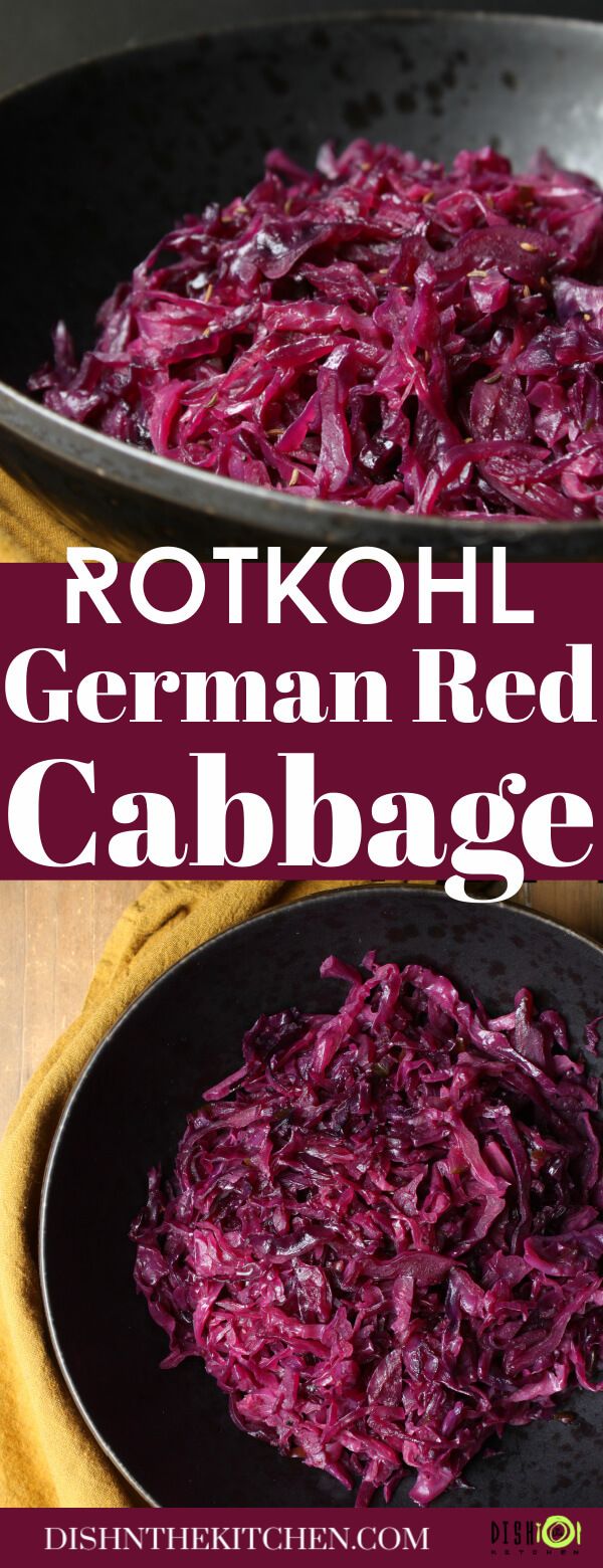 red cabbage in a skillet with text overlay reading rotkohl german red cabbage