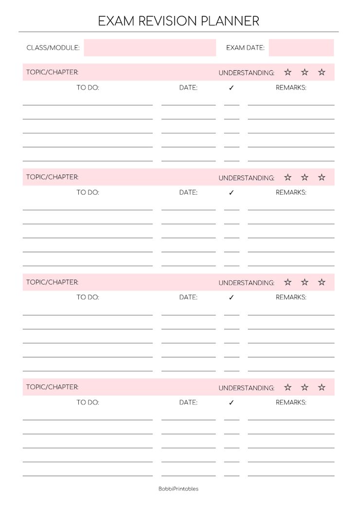 a printable exam planner for students with pink and white lines on the side,