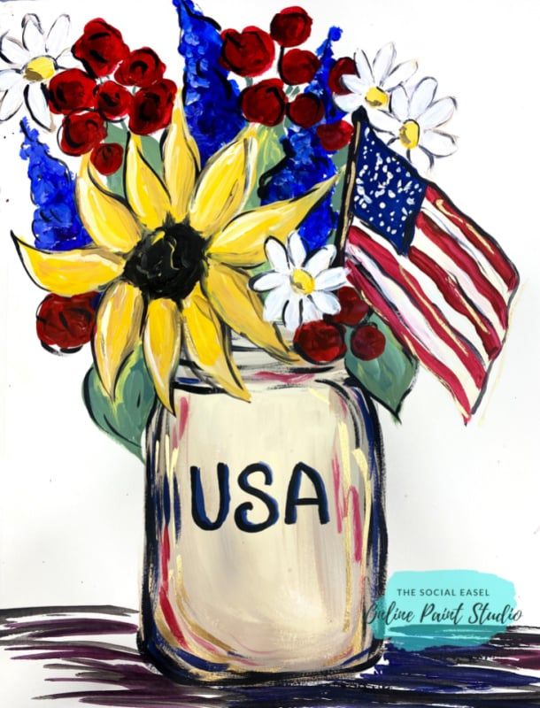 a painting of flowers in a mason jar with an american flag and the word usa painted on it