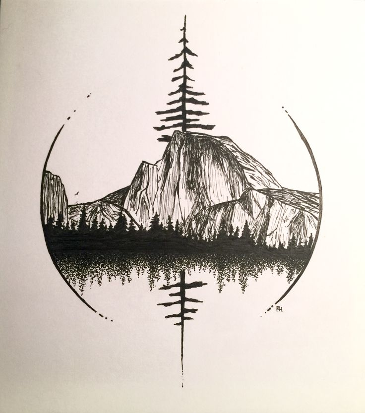 a black and white drawing of a mountain with trees in the foreground is shown