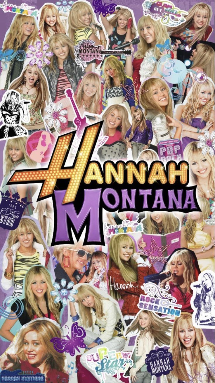 the poster for hannah montana is shown in purple and pink colors, with many pictures of her