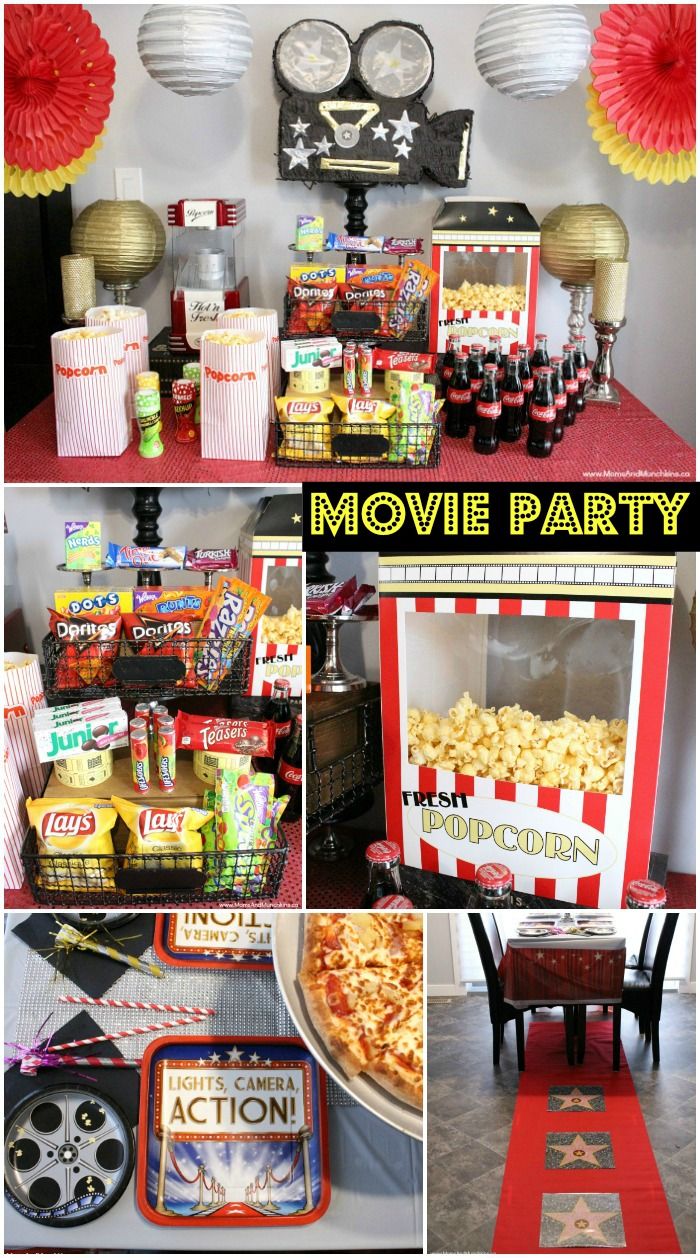 a movie party with popcorn, drinks and snacks