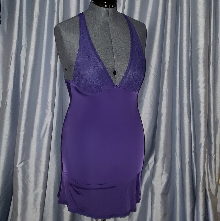 Victoria's Secret Chemise / Slip Dress Very Sexy Collection New With Tag Attached Size: 36c Color: Eggplant Purple So Silky Soft You Will Feel Beautiful Wearing This. Multiple Purpose As A Slip Dress Under Neath Clothing Or As A Sexy Nglige On Its Own. Fminine Halter Style Bodice Lighlty Lined With Lace Mesh. Features Lined Underwire Cups For Support. Vs Hanging Charm Topped With Bow Front & Center. Adjustable Straps Criss Crossed & Opens Up To Show Off Your Sexy Back. Transparent Floral Lace De Fitted Slip With Built-in Bra For Night, Fitted V-neck Party Chemise, Fitted V-neck Chemise For Party, Sheer Fitted Chemise For Night, Fitted Sleeveless Party Chemise, Fitted Sleeveless Chemise For Night Out, Fitted Sleeveless Chemise For Party, Elegant Fitted Purple Sleepwear, Elegant Purple Fitted Sleepwear