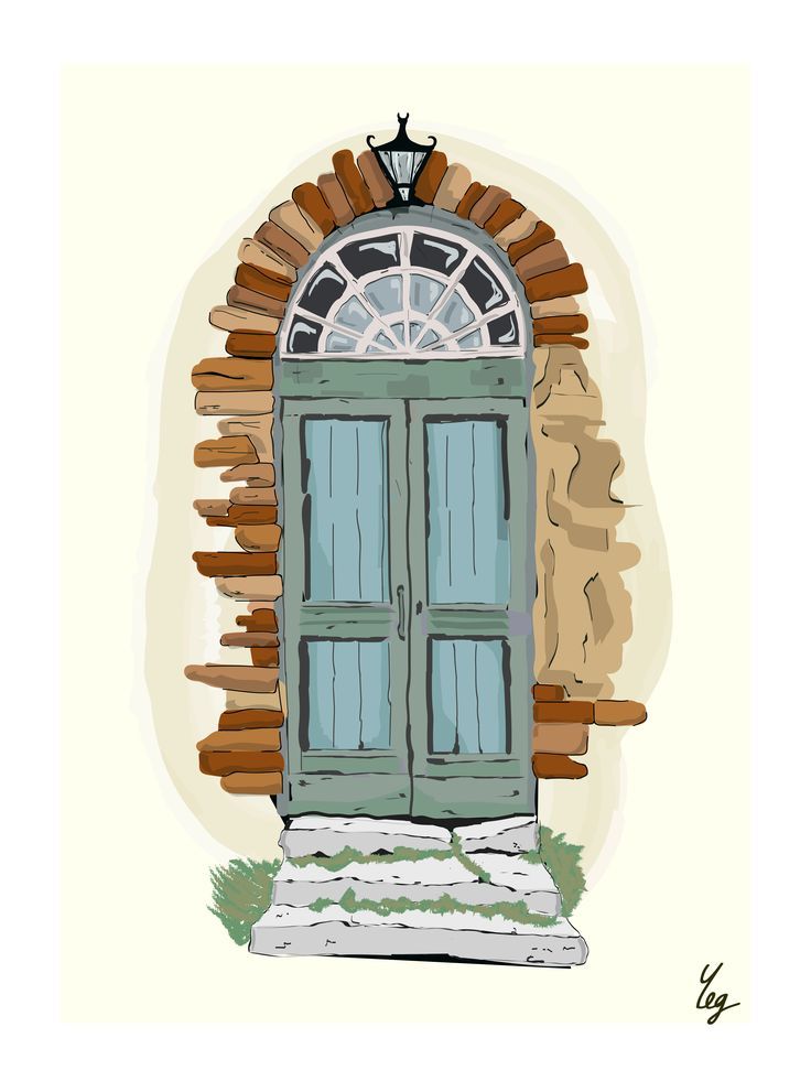 an illustration of a green door and window