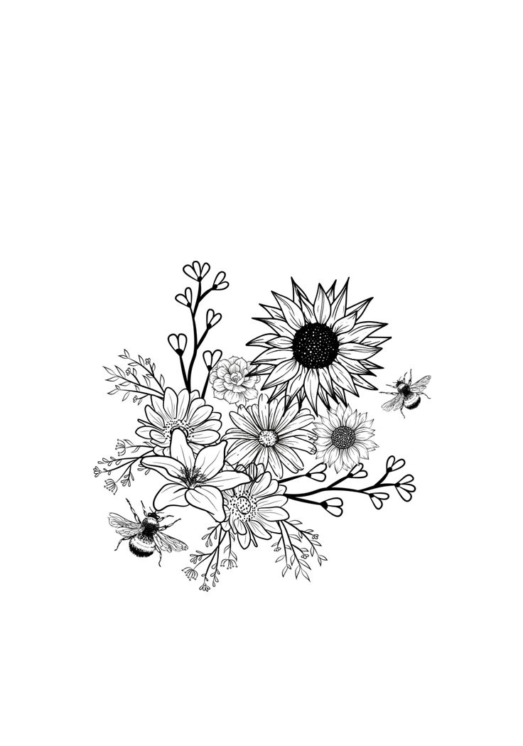 black and white drawing of flowers with bees