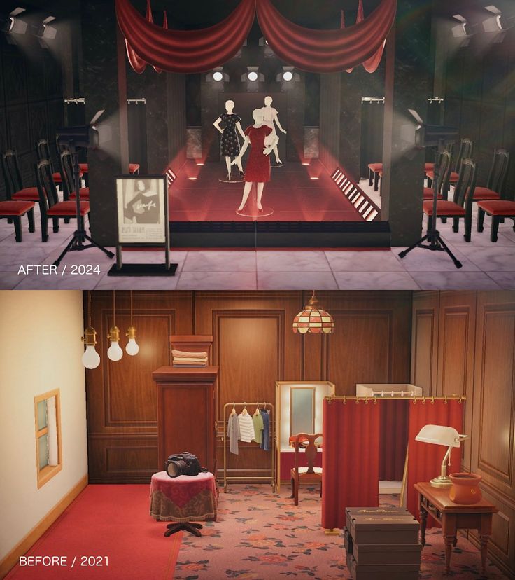 before and after photos of a stage set with red drapes on the curtained windows