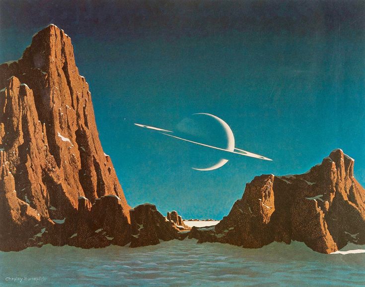 an artist's rendering of a planet in the sky with mountains and rocks around it