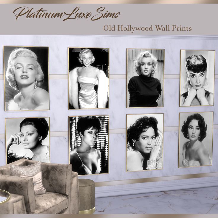 an old hollywood wall print with marilyn monroe pictures on it's walls and the words,