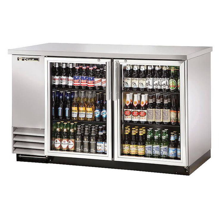 two glass door refrigerators with beer bottles in it's front and bottom doors