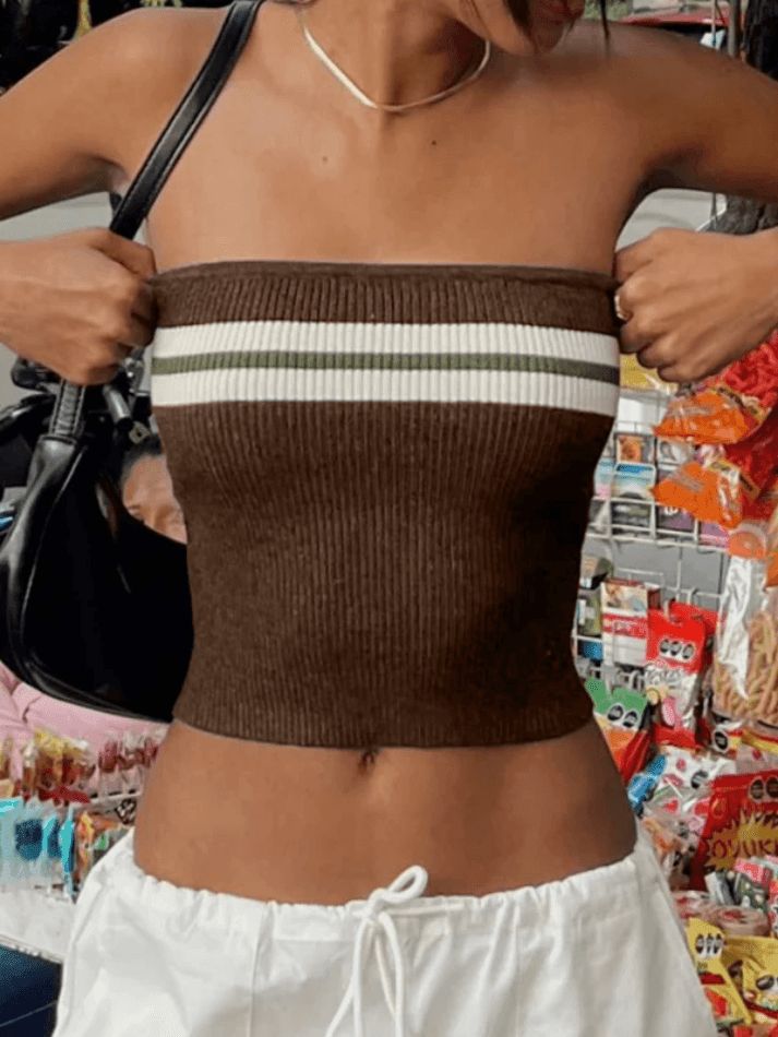 ⚡️Buy Knit Striped Bandeau Crop Top Green M under $14.00 in Tops&Tees Online. Style: Casual/Street/Vintage/Sweet. Fabric Content: Cotton. Fit Type: Loose fit. Neckline: Crew Neck. Versatility: These versatile tops can be effortlessly dressed up or down for any summer occasion. Pair them with shorts or skirts and layer with jackets or cardigans for endless style possibilities.. Comfort: Crafted from soft jersey fabric, these tops provide all-day comfort. The bandeau style ensures a tan line-free Striped Knitted Cotton Top, Striped Knitted Tops For Summer, Stretch Brown Tops For Day Out, Brown Summer Crew Neck Knit Top, Brown Knitted Sleeveless Top, Retro Brown Knitted Tops, Retro Knitted Brown Tops, Retro Ribbed Tops For Summer, Retro Ribbed Summer Top