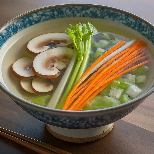 a bowl of soup with carrots, celery and mushrooms on a wooden table