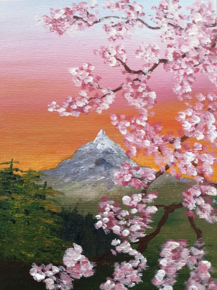 an oil painting of pink flowers on a tree with mountains in the background at sunset