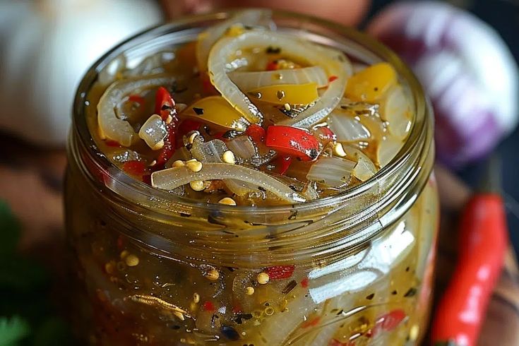 a glass jar filled with pickled vegetables on top of a table