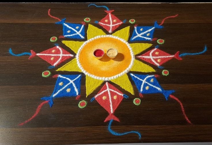 this is an image of a decorated wooden table top with colorful decorations on the surface