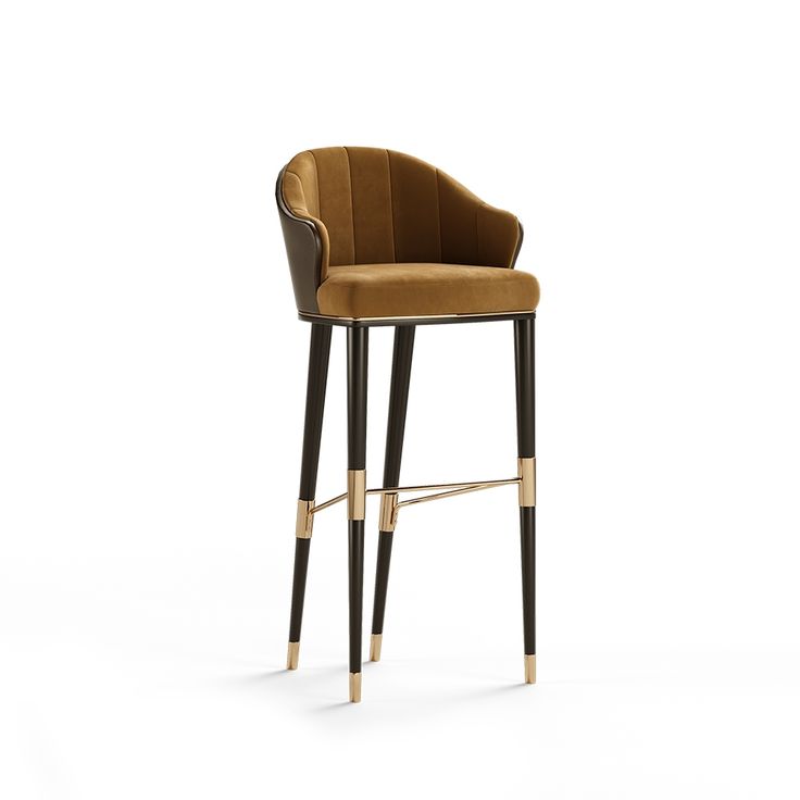 an upholstered bar stool with black legs and a brown velvet seat, viewed from the front