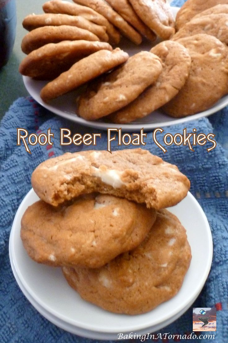 two white plates with cookies on them and the words root beer float cookies