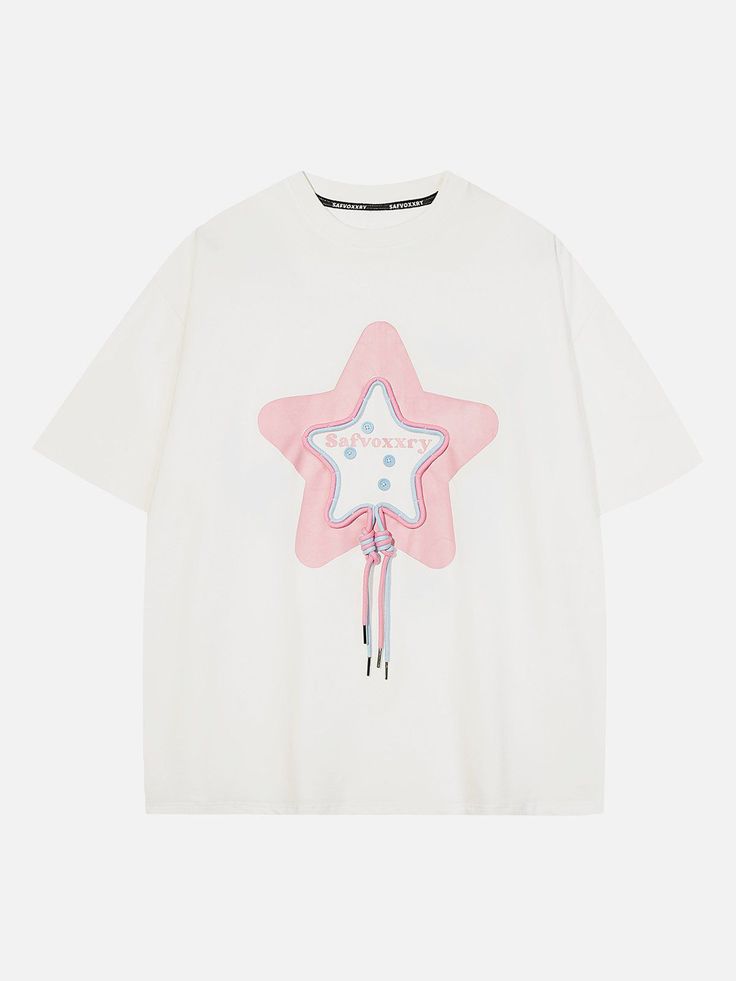 TALISHKO - Knitting Star Print Tee - streetwear fashion Casual T-shirt With Star Print For Spring, Spring Crew Neck T-shirt With Star Print, Trendy Star Print T-shirt For Streetwear, Trendy Summer T-shirt With Star Patch, Summer Cotton T-shirt With Star Patch, Oversized Star Print Summer Tops, Relaxed Fit T-shirt With Star Print For Spring, Spring Relaxed Fit T-shirt With Star Print, Oversized Star Print T-shirt For Streetwear