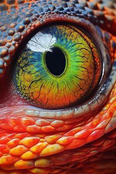 the eye of a reptiled lizard with orange and blue colors on it's face