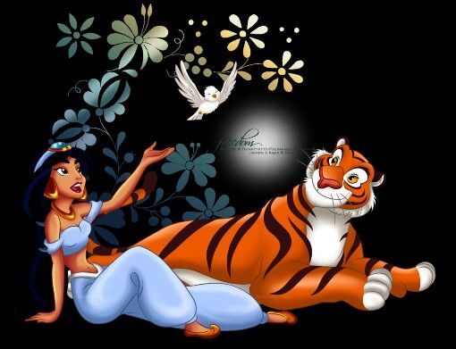 an animated image of a woman and a tiger laying on the ground next to each other