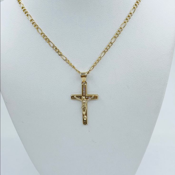 Real 10k Gold Necklace & Cross Pendant Figaro Hollow Link Necklace Yellow & White Gold Diamond Cut Necklace 20” Long Necklace - Lobster Lock 2.5mm Wide Necklace Cross Pendant Yellow Gold Cross With White Cubic Zirconia 1” Charm Cross Cadena Y Dije En Oro De 10k Cruz Mide 1 Pulgada Cadena Mide 20 Pulgadas De Larga Y 2.5 Milmetros De Ancha Dije Crucifico Con Piedra Blanca Zirconia Cadena Con Corte De Diamante Eslabn Figaro Sku 52457 Gold Crucifix Necklace In 14k Gold, Gold Crucifix Jewelry Stamped 14k, Yellow Gold Plated Crucifix Jewelry, 14k Gold Cross Figaro Chain Jewelry, 14k Yellow Gold Crucifix Jewelry, Yellow Gold Cross Jewelry With Figaro Chain, Gold Crucifix With Figaro Chain Jewelry, 14k Gold Crucifix Jewelry, 14k Gold Crucifix Necklace Fine Jewelry