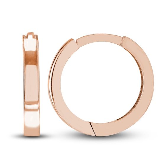 Dynamic 12.35mm square tubes are polished to a high shine in these stylish women's huggie earrings. Fashioned in 14K rose gold, the earrings secure in place with hinged backs. Classic Rose Gold Huggie Earrings For Formal Occasions, Modern Small Hoop Huggie Earrings In Rose Gold, Rose Gold Polished Finish Hoop Earrings As Gift, Rose Gold Polished Hoop Earrings As Gift, Modern Rose Gold Huggie Earrings With Polished Finish, Modern Rose Gold Hoop Huggie Earrings, Formal Rose Gold Huggie Earrings With Polished Finish, Modern Rose Gold Huggie Earrings, Minimalist Rose Gold Huggie Earrings For Formal Occasions