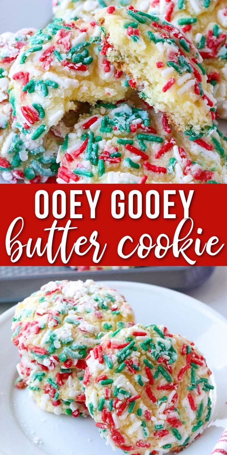 butter cookies on a plate Ooey Gooey Butter Cookies, Christmas Cookies Recipe, Christmas Cookie Recipes Holiday, Christmas Yummies, Gooey Butter Cookies, Christmas Baking Cookies, Gooey Butter, Easy Christmas Cookie Recipes, Gooey Cookies