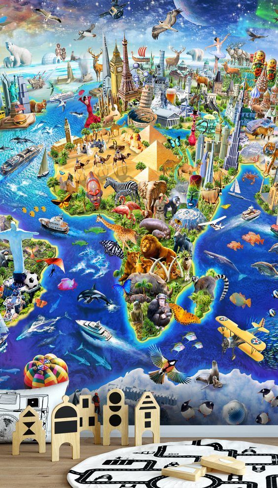 a large wall mural in the shape of a map with many different types of animals