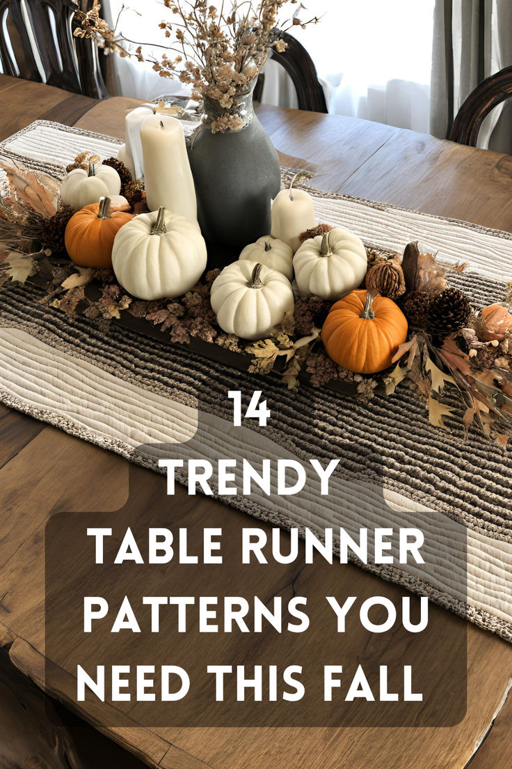 a table runner with pumpkins and gourds on it that says, trendy table runner patterns you need this fall