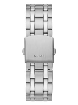 Everyday, elevated. This sleek silver-tone watch features a modern multifunctional dial with minimalist hour markers and day, date and 24-hour international time functions. Finished by a polished link bracelet. Case diameter in mm: 44 Water resistant up to 50M/165FT 2 year limited warranty Modern Silver Watches With Rectangular Dial, Modern Silver Watch With Rectangular Dial, Modern Silver Watches With Subdials, Modern Silver Chronograph Watch With Round Dial, Modern Silver Watch Accessories With Subdials, Modern Silver Chronograph Watch, Modern Silver Watch Accessories, Modern Stainless Steel Chronograph Watch For Business, Modern Business Digital Watch With Round Dial