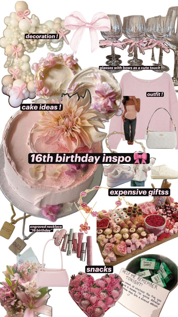 a collage of pink and white items including cake, flowers, candles, gifts, and more