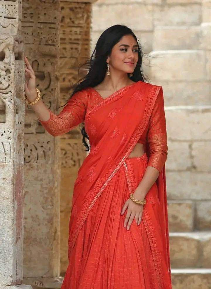 Sita Ramam Saree Looks, Mrunal Thakur In Saree, Mrunal Thakur Sita Ramam, Red Half Saree, Apache 160, Sita Mahalakshmi, Amrita Arora, Sita Rama, Sita Ramam