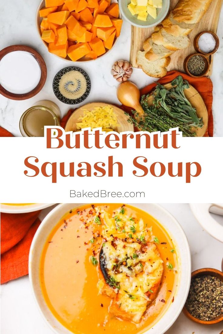 butternut squash soup in a white bowl surrounded by other ingredients