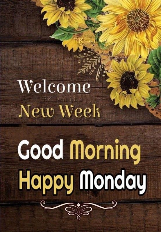 a wooden background with sunflowers and the words, welcome new week good morning happy monday