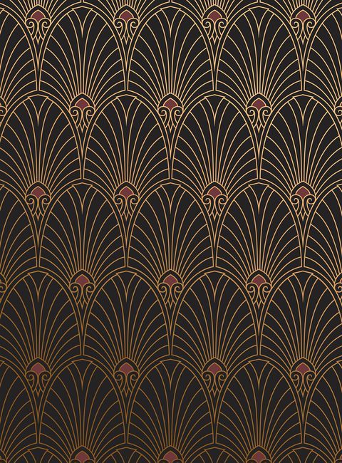 an art deco wallpaper design with gold and black fan pattern on the back ground